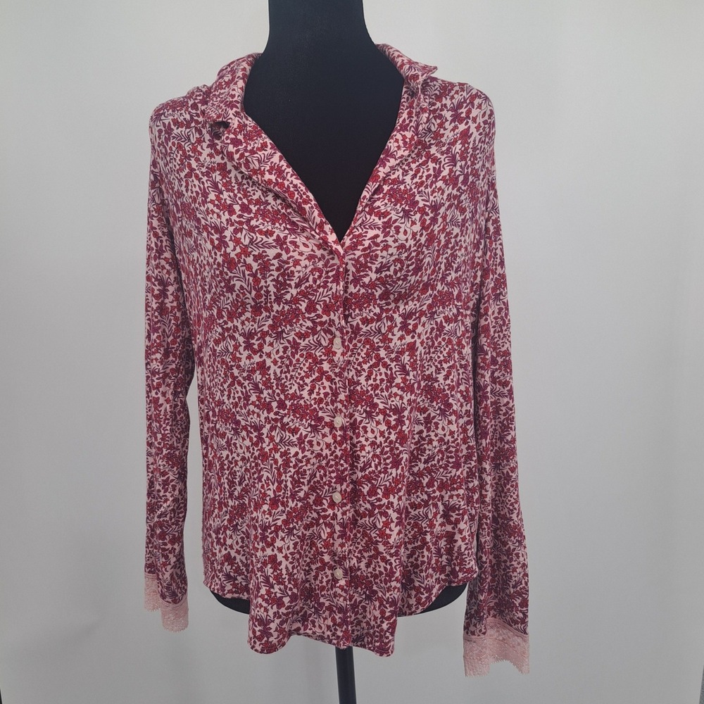 Victoria's Secret Pink Floral Lace Trim Button Down Pajama Top Medium Lounge